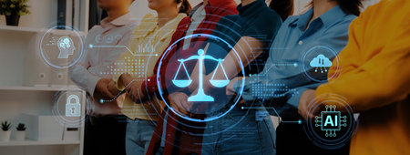 A group of women stands united, embodying justice and equality, while digital symbols represent law,...