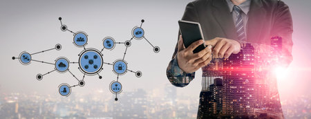 A businessman engages with a smartphone, surrounded by network icons and a vibrant city skyline,...