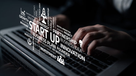 This dynamic image represents modern business concepts related to startups, showcasing keywords like...