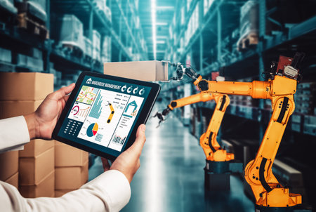 Smart robot arm systems for innovative warehouse and factory digital technology . Automation...