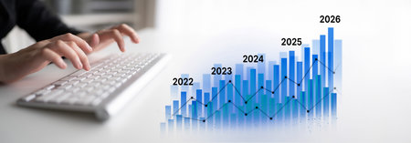 Business bar chart and line graph showing yearly business growth from 2022 to new year 2026,...