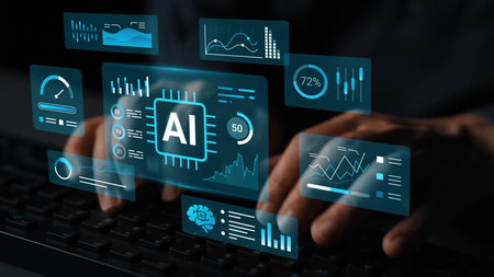 Futuristic digital interface with AI metrics and data analytics concepts displayed over hands typing...