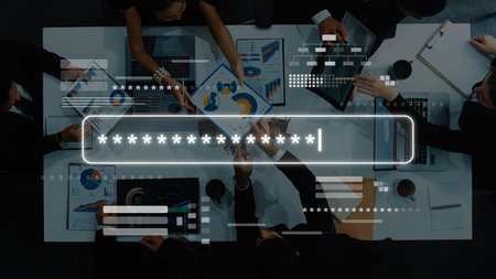 A dynamic office scene showcases a team engaged in strategic discussions, analyzing data on screens,...