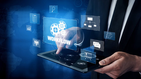 Workflow optimization concept featuring interconnected gears, task management, collaboration,...