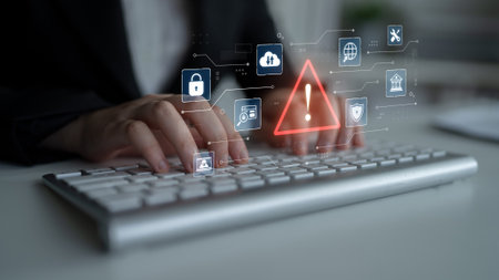 Exclamation alert symbol in digital system network reflecting AI threat, virus, and risk detection....