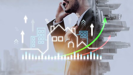 Businessman on Phone Discussing Real Estate Trends with Growing Graphs and Cityscape Background...