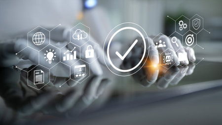 Artistic representation of hands navigating digital icons showcasing technology themes such as...