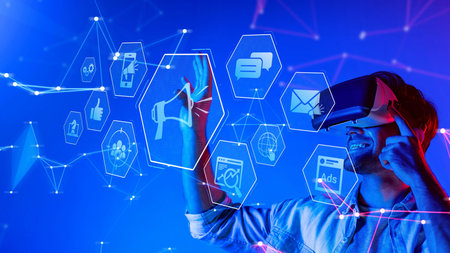 A man is immersed in virtual reality, exploring digital concepts and social media elements. The...