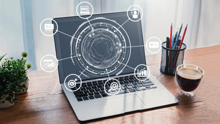 Concept of marketing online strategy using digital marketing, PPC campaigns, social media ads, and...