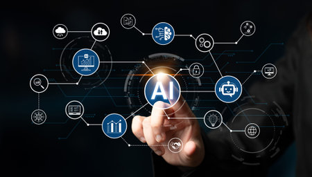AI network diagram with connected technology icons for digital business. AI platform, analytics, AI...
