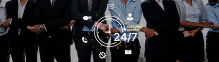Concept of 24-hour customer service. Providing constant, non-stop support and assistance through...