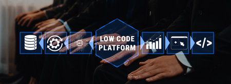 Diverse Group of Professionals Engaged in Low-Code Platform Development with Data Integration and AI...