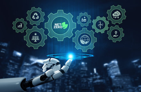 AI analyzing sustainability data and optimizing carbon reduction strategies to achieve net zero...