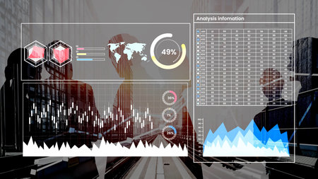 Data Analysis Visualization with Graphs and Charts Against Urban Background Depicting Business...