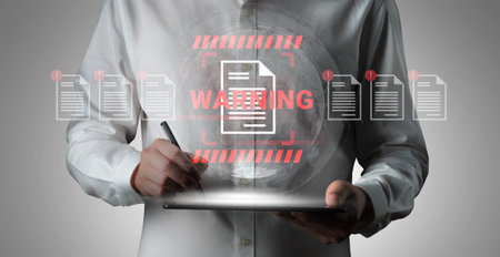 A person in a business attire holds a tablet while writing, surrounded by a digital warning symbol...