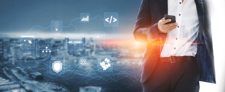 Businessman Using Smartphone with Digital Icons and City Background Representing Technology,...