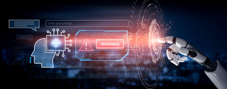 Cybersecurity concept featuring an AI detector scanning digital content for deepfakes and authenticity. Represents fake news prevention and C2PA content credentials.の写真素材
