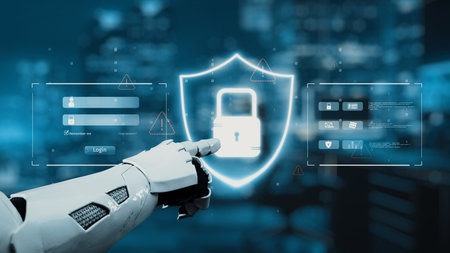 A robotic arm reaches toward a digital lock icon, symbolizing advanced cybersecurity concepts. The...