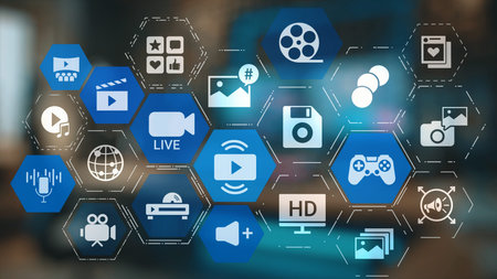 Multimedia technology with video, audio, photo and streaming icons representing digital media,...
