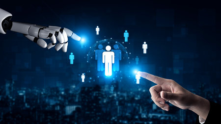 An AI assistant helps manage a global team and its professional network. The system analyzes connections and communication to measure worldwide influence and reach.の写真素材