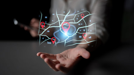 Concept of location tracking and GPS navigation. Map with pins marking a destination and points of...