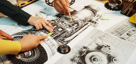 Group of hands actively collaborating on technical drawings of engine components, showcasing...
