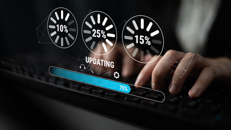 A concept of a system update and software installation. A progress bar and loading icons showing the...