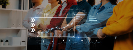 A group of diverse professionals collaborated in a modern office environment, engaging in data...