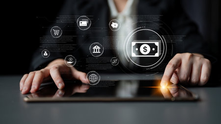 A fintech concept showing a network of digital banking services. This includes secure online...
