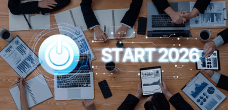 A dynamic business meeting featuring technology and financial charts. Participants engage with...