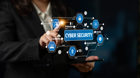 A professional interacts with a digital interface showcasing cyber security elements such as...