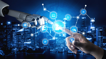 A human hand reaches out to a robotic arm in a symbolic gesture of connection, surrounded by glowing...