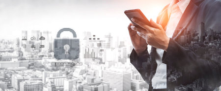 Cybersecurity protection system showing password encryption, fingerprint ID, cloud security, email,...