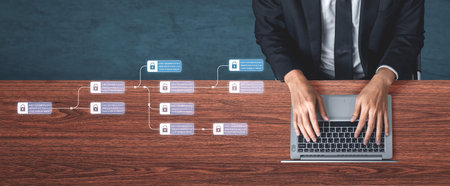 Blockchain structure showing distributed data blocks linked with encryption, representing secure...