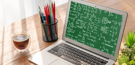 Mathematic equations and modish formula on computer screen showing concept of science and education