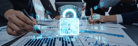 This image illustrates digital security with a holographic padlock symbolizing data protection...