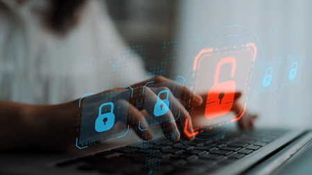 Digital security concept illustrating a cybersecurity breach, with a red unlocked padlock indicating...