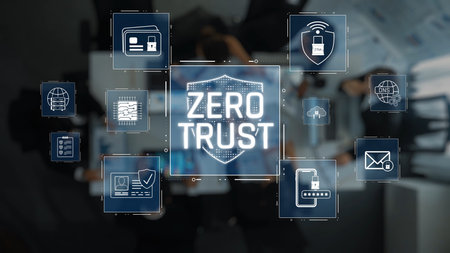 Visual depiction of Zero Trust security with various digital icons representing cybersecurity...