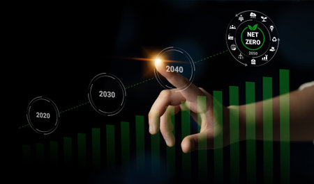 A hand reaching towards a visual representation of sustainability goals, showcasing future years and...