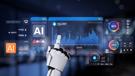 A futuristic robotic hand interacts with a dynamic data analytics interface, illustrating...