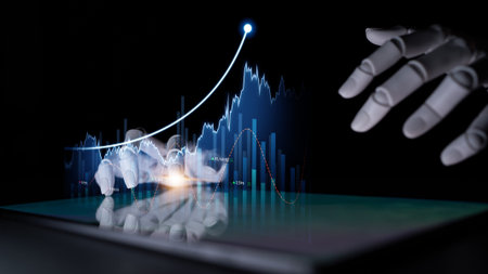 Conceptual image depicting a robotic hand interacting with financial data representations on a digital screen, illustrating the fusion of technology and finance.の写真素材