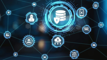 Data privacy and cyber security icons show encryption, data privacy safeguards, and cyber security...