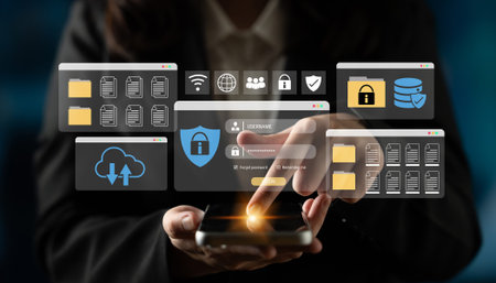 Secure login and file management interface with folder, password, and encryption icons for...