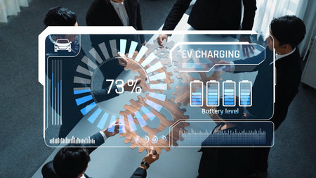Business professionals collaborate in an office setting discussing innovative electric vehicle...