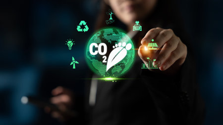 Environmental Sustainability Concept with Carbon Footprint Icon and Digital Elements for...