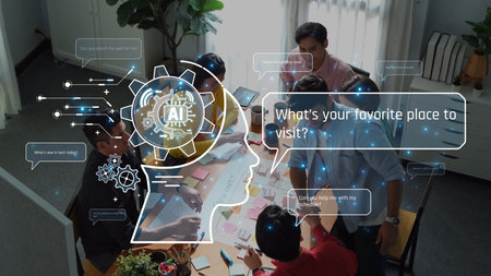 A dynamic team meeting showcases diverse professionals discussing innovative ideas with AI elements....