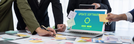 Analyst team use sticky note for creative and analytic brainstorm for business idea with data...