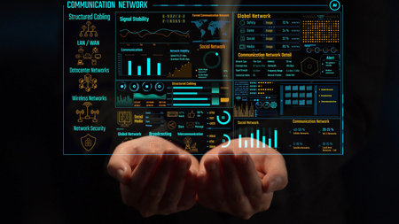 Data center monitoring dashboard visualize network performance, connection status, usage rate, and...