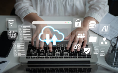 Cloud upload and download icon with surrounding data management, security, and analytics icons in...