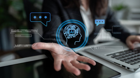 AI neural head with data connections and speech bubbles symbolizing smart data generation, learning, and analysis Parseの写真素材